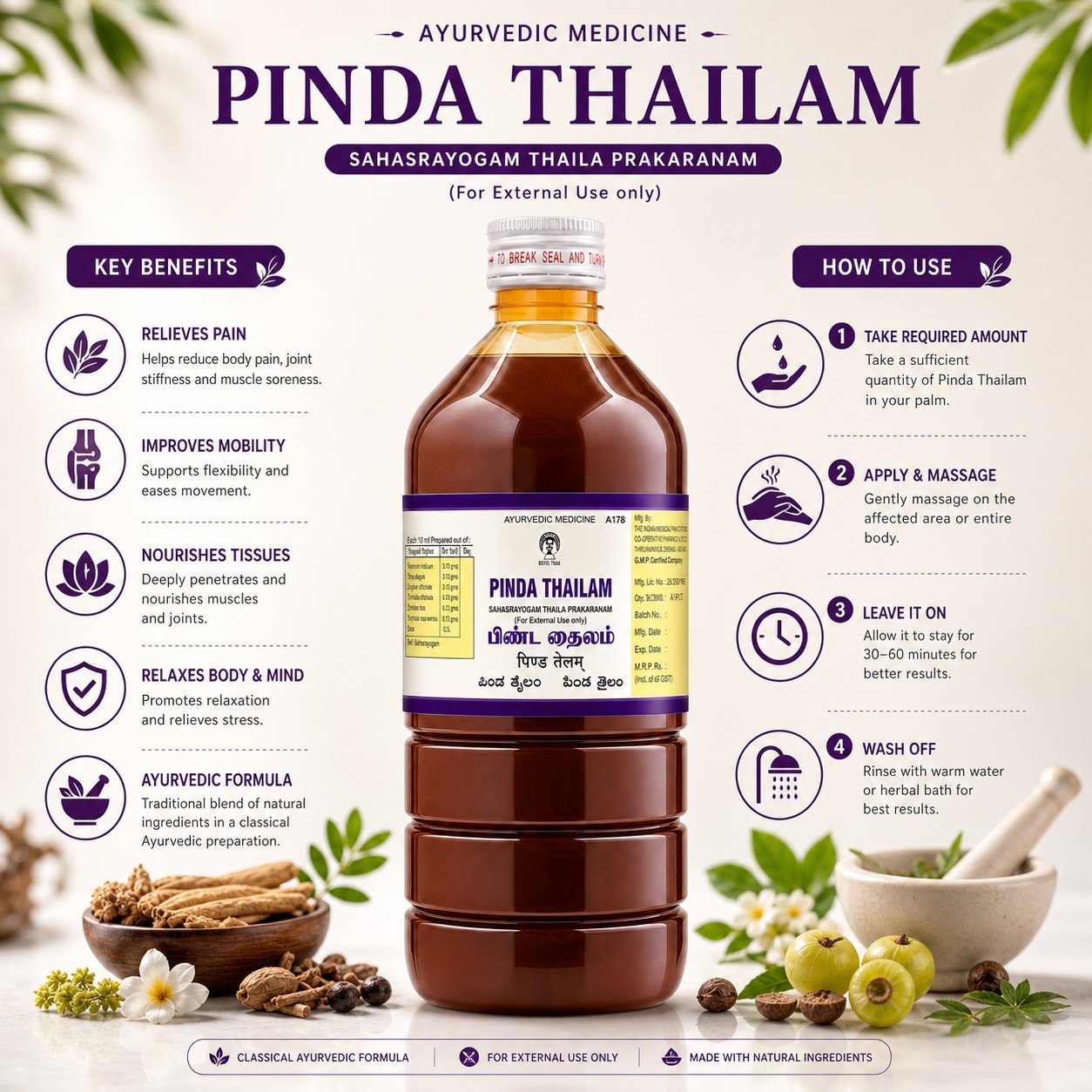 Pinda Thylam – Ayurvedic Body Massage Oil – 500ml | Daisy Organic Store - Image 2