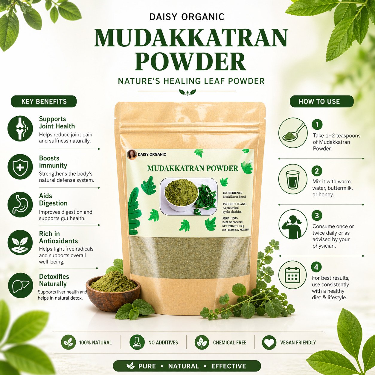 Mudakathan Powder – Herbal Leaf Powder – 150gm | Daisy Organic Store - Image 3