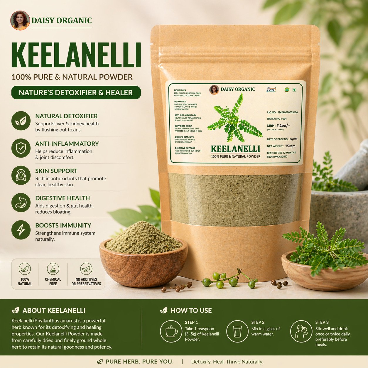 Keezhanelli Powder – Herbal Plant Powder – 150gm | Daisy Organic Store - Image 2